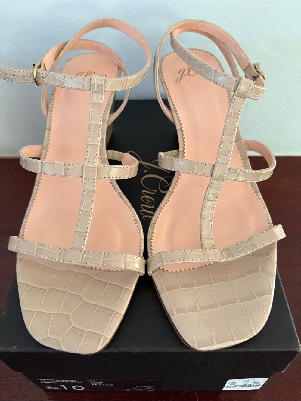 J. Crew Beige Croc-Embossed T-Strap Wedge Sandals